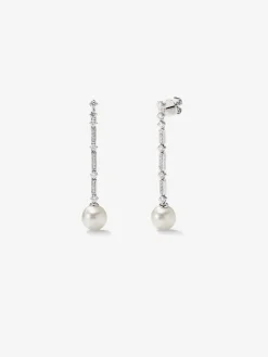 Pendientes de oro blanco de 18K con perlas blancas y diamantes blancos en talla brillante de 0,66