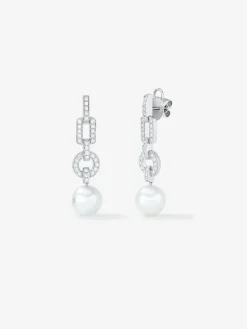 Pendientes de oro blanco de 18K con 2 perlas de 10mm y 64 diamantes en talla brillante con un total de 0,61 cts