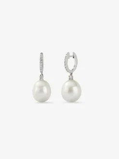 Pendientes de oro blanco de 18K con perlas de 12,5mm y diamantes en talla brillante de 0,33 cts