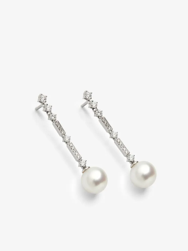 Pendientes de oro blanco de 18K con diamantes blancos en talla brillante de 1,1 cts y perlas australianas de 5mm