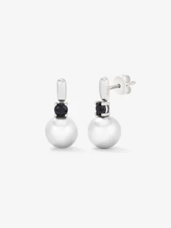 Pendientes de plata 925 con 2 espinelas negras en talla brillante y perlas akoya de 8,5mm