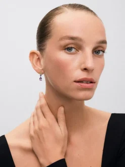 Pendientes de plata 925 con amatistas moradas en talla pera de 2,56 cts y en talla brillante de 0,42 cts, y cuarzos citrinos en talla brillante de 1,18 cts