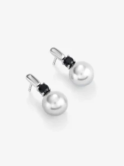 Pendientes de plata 925 con 2 espinelas negras en talla brillante y perlas akoya de 8,5mm