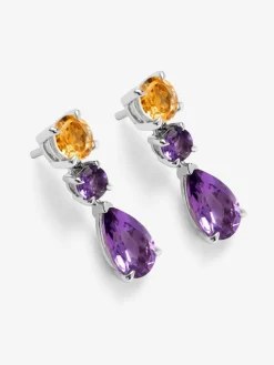 Pendientes de plata 925 con amatistas moradas en talla pera de 2,56 cts y en talla brillante de 0,42 cts, y cuarzos citrinos en talla brillante de 1,18 cts