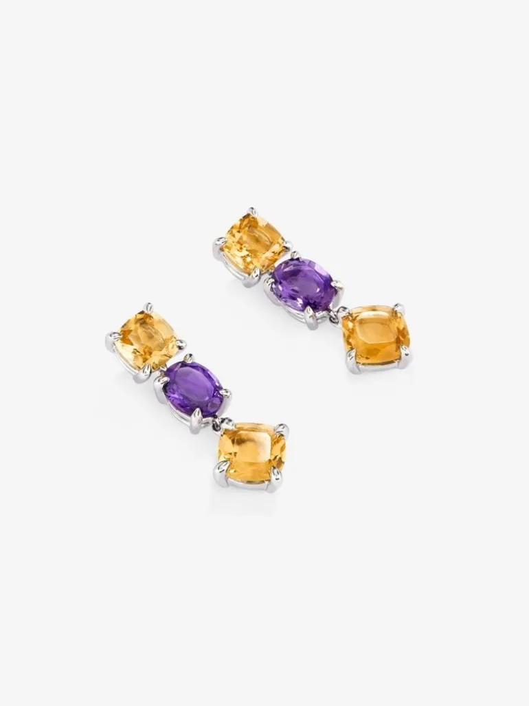 Pendientes de plata 925 con cuarzos citrinos y amatistas moradas