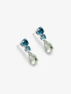 Pendientes de plata 925 con 2 topacios azul london, 2 topacios azul swiss y 2 amatistas verdes