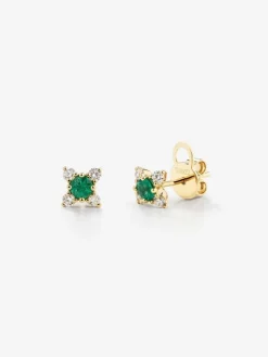 Pendientes flor de oro amarillo de 18K con esmeralda y diamantes