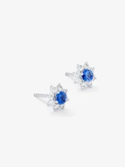 Pendientes flor de oro blanco de 18K con zafiro y diamante