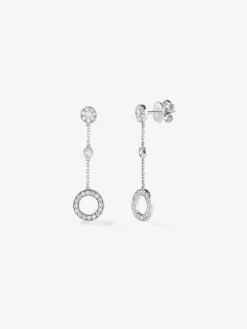 Pendientes largos de cadena de oro blanco de 18kt con motivos circulares con diamantes