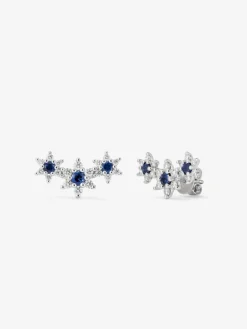 Pendientes trepadores de oro blanco de 18K con diamantes en talla brillante de 0,75 cts y zafiros azules en talla brillante de 0,61 cts