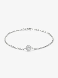 Pulsera cadena de oro blanco de 18K con diamante solitario y orla de diamantes