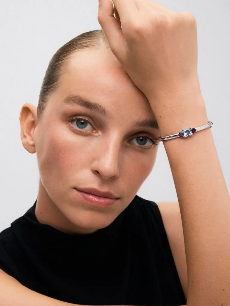 Pulsera rígida de plata 925 con topacio y amatistas