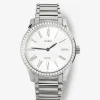 Reloj de acero inoxidable y diamantes blancos en talla brillante, con cristal de zafiro y movimiento de cuarzo