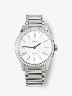 Reloj de acero inoxidable y diamantes blancos en talla brillante, con cristal de zafiro y movimiento de cuarzo
