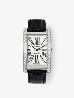 Reloj de acero inoxidable y pulsera de piel, con diamantes blancos en talla brillante, cristal de zafiro y movimiento de cuarzo