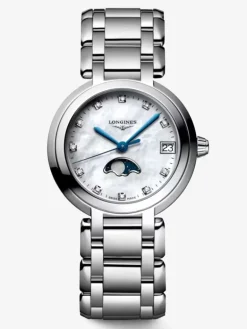 Reloj Longines Primaluna de acero inoxidable con cristal de zafiro, &iacute;ndices de diamantes y movimiento autom&aacute;tico