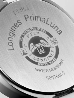 Reloj Longines Primaluna de acero inoxidable con cristal de zafiro, &iacute;ndices de diamantes y movimiento autom&aacute;tico