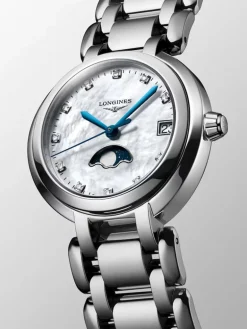 Reloj Longines Primaluna de acero inoxidable con cristal de zafiro, &iacute;ndices de diamantes y movimiento autom&aacute;tico