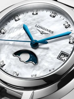 Reloj Longines Primaluna de acero inoxidable con cristal de zafiro, &iacute;ndices de diamantes y movimiento autom&aacute;tico
